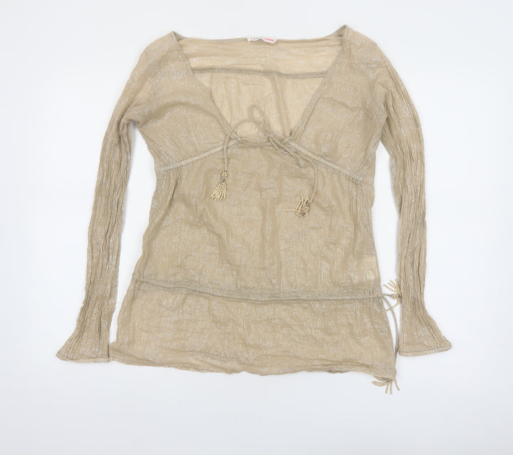 Pink Soda Women Beige Long Sleeve Tassel Tie Tunic Blouse Size 10