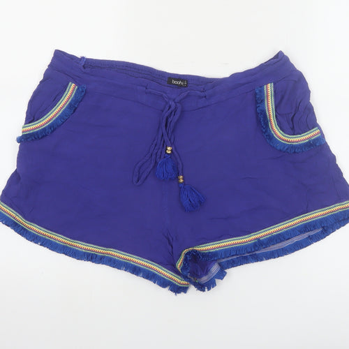 Boohoo Women's Blue Fringe Tassel Boho Drawstring Viscose Shorts UK 12