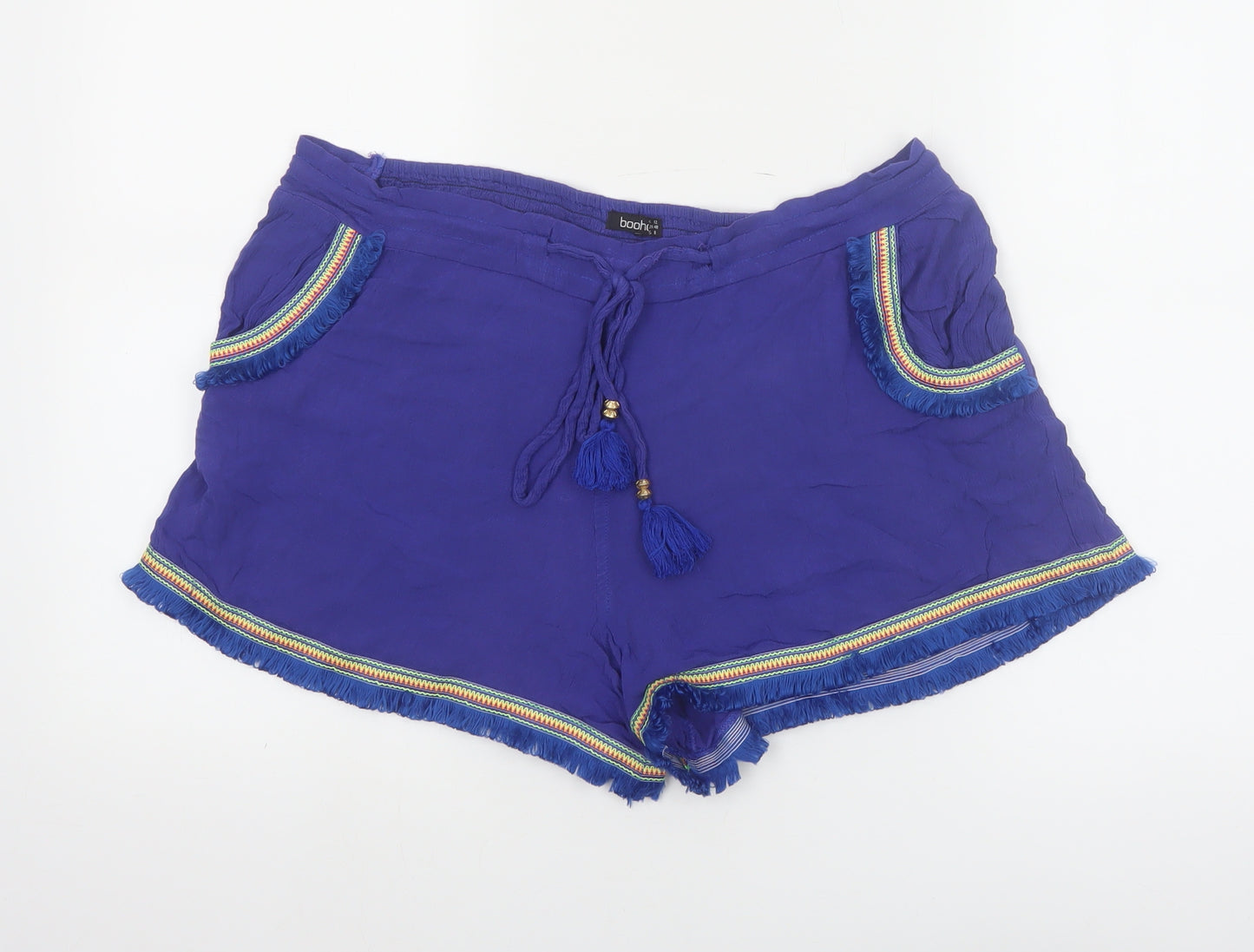 Boohoo Women's Blue Fringe Tassel Boho Drawstring Viscose Shorts UK 12