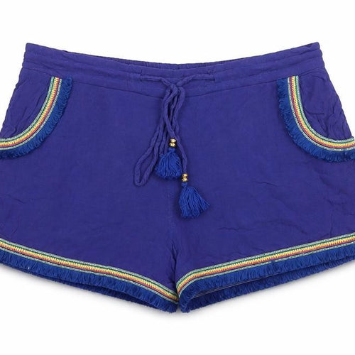 Boohoo Women's Blue Fringe Tassel Boho Drawstring Viscose Shorts UK 12