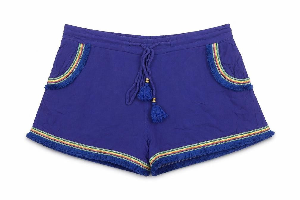 Boohoo Women's Blue Fringe Tassel Boho Drawstring Viscose Shorts UK 12