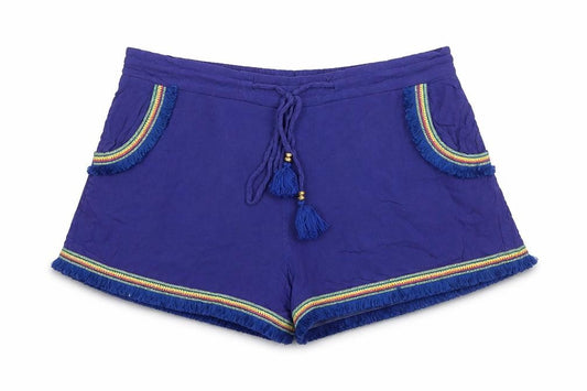 Boohoo Women's Blue Fringe Tassel Boho Drawstring Viscose Shorts UK 12