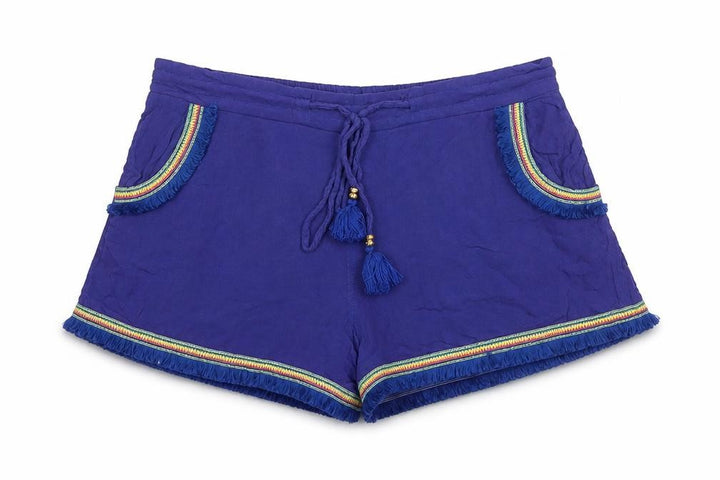 Boohoo Women's Blue Fringe Tassel Boho Drawstring Viscose Shorts UK 12