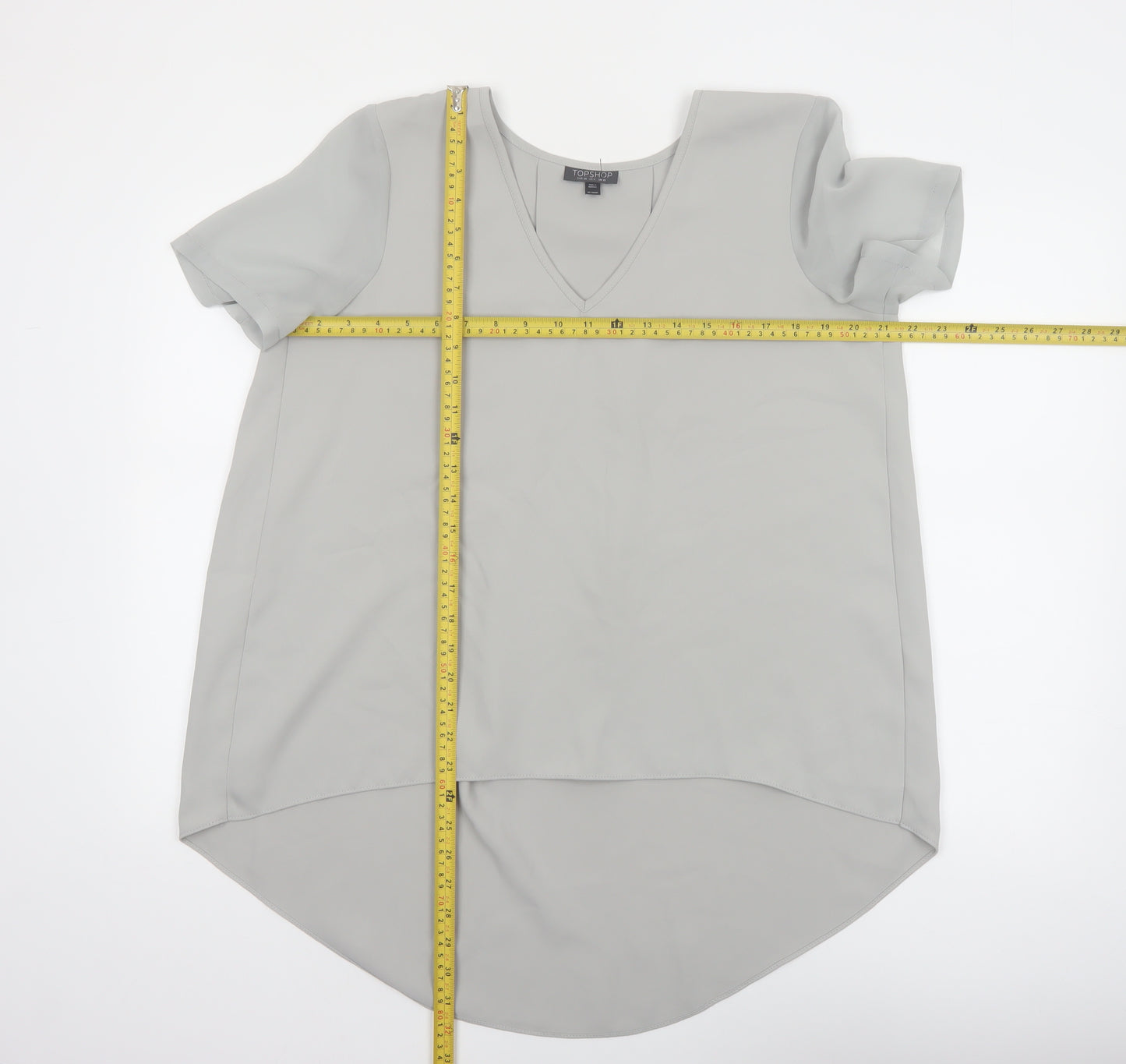Topshop Women Grey V-Neck Short Sleeve Tunic Blouse Size 10