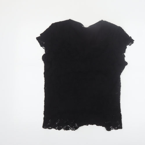 Roman Originals Women Black Lace V-Neck Short Sleeve Blouse M