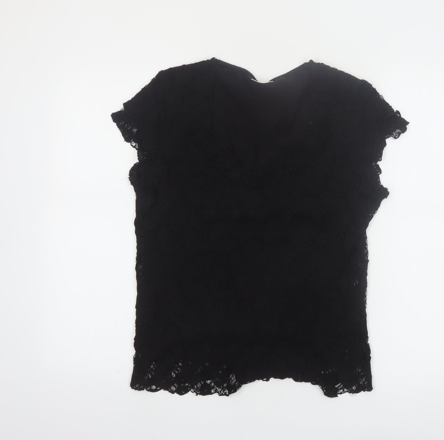 Roman Originals Women Black Lace V-Neck Short Sleeve Blouse M