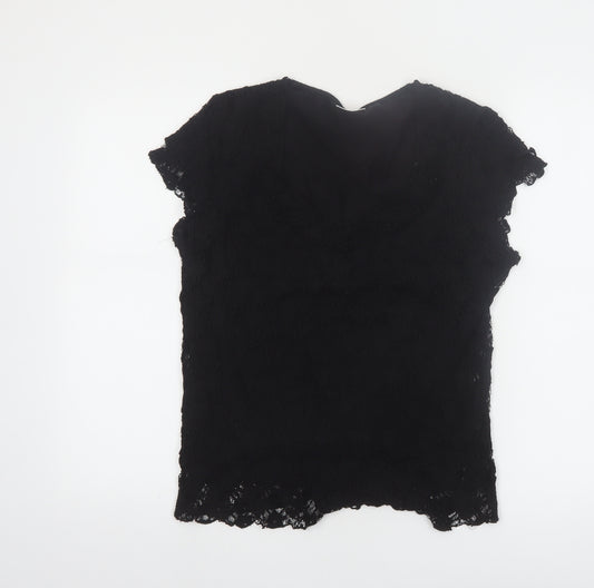 Roman Originals Women Black Lace V-Neck Short Sleeve Blouse M