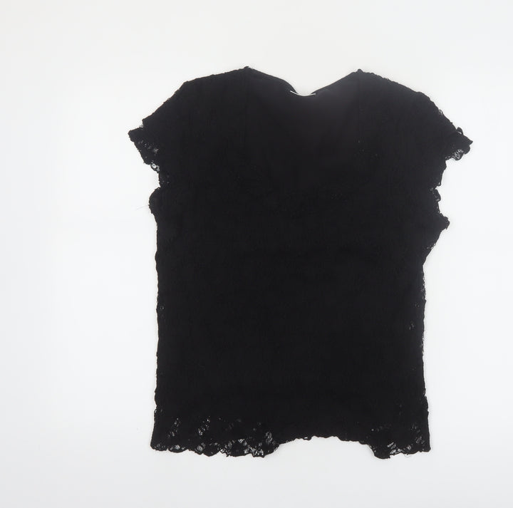 Roman Originals Women Black Lace V-Neck Short Sleeve Blouse M