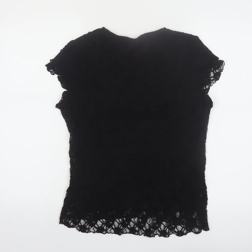 Roman Originals Women Black Lace V-Neck Short Sleeve Blouse M
