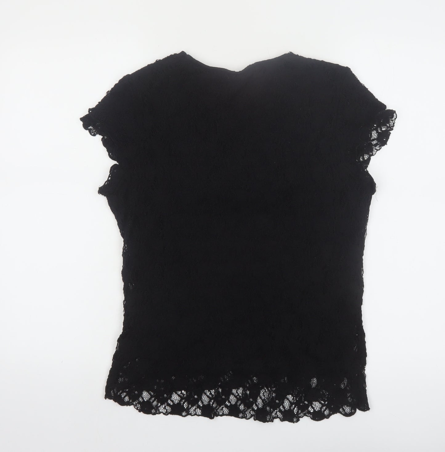 Roman Originals Women Black Lace V-Neck Short Sleeve Blouse M