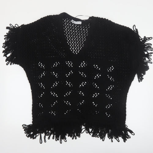 Zara Women Black Open-Knit Fringe Pullover Jumper Size 12