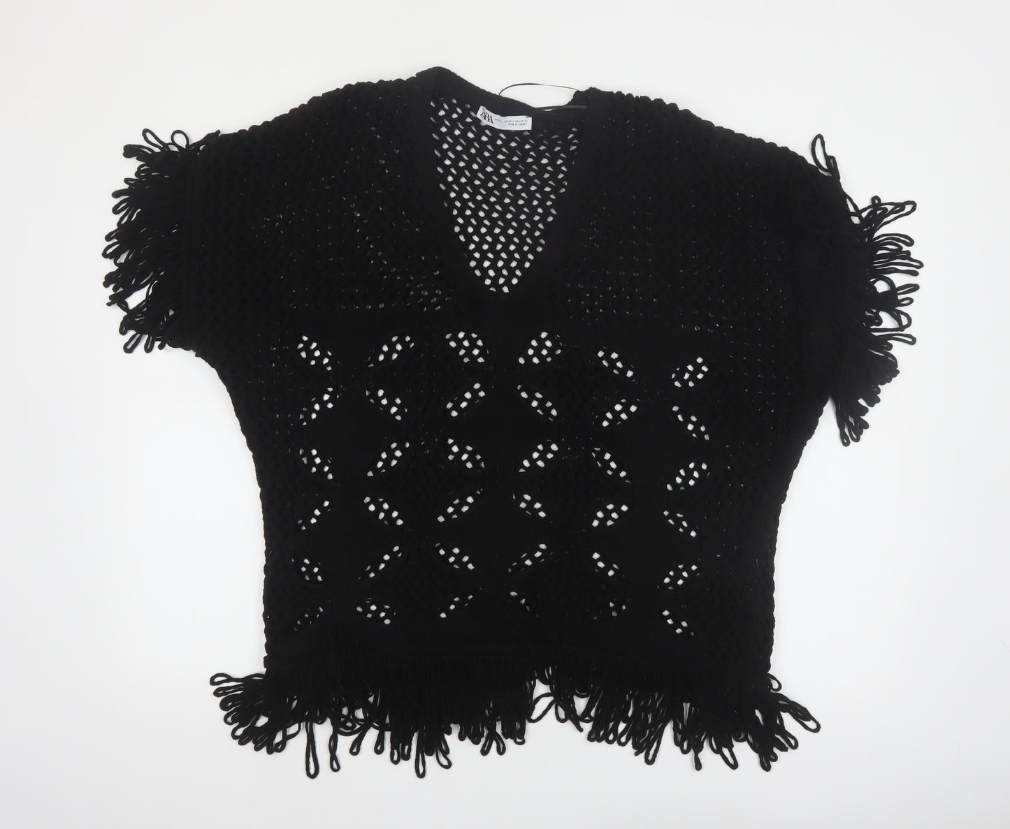 Zara Women Black Open-Knit Fringe Pullover Jumper Size 12