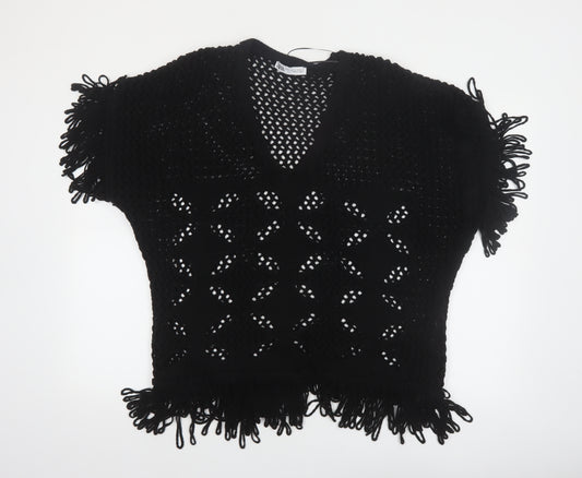 Zara Women Black Open-Knit Fringe Pullover Jumper Size 12