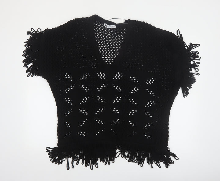 Zara Women Black Open-Knit Fringe Pullover Jumper Size 12
