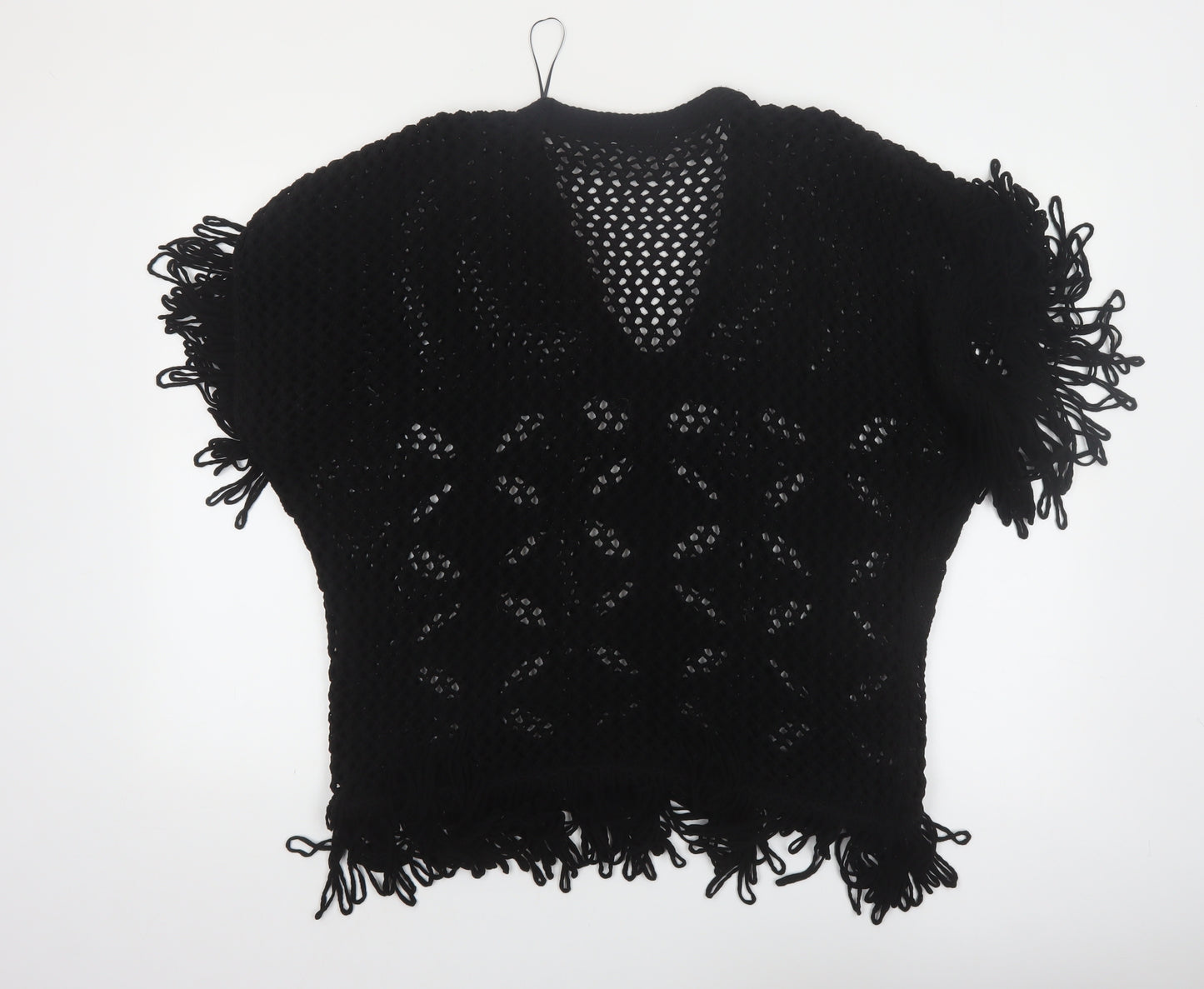 Zara Women Black Open-Knit Fringe Pullover Jumper Size 12