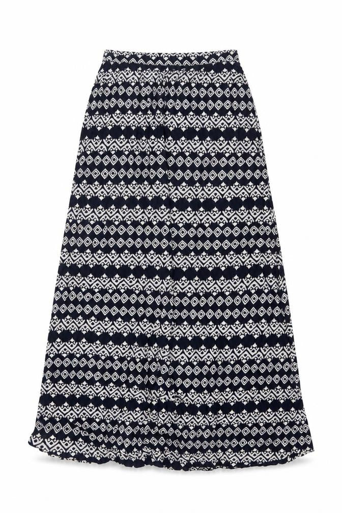 Front view of FatFace women’s blue geometric a-line viscose skirt, size UK 12