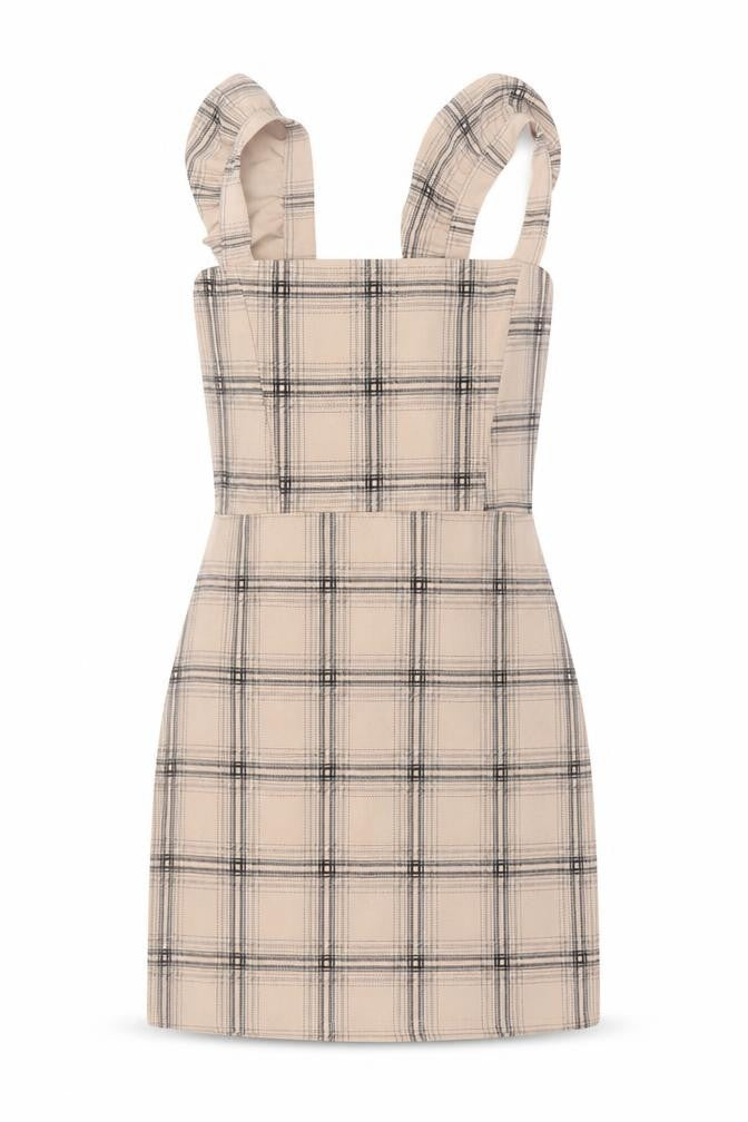 Front view of I Saw It First Women's Beige Check Pinafore Dress, size 10