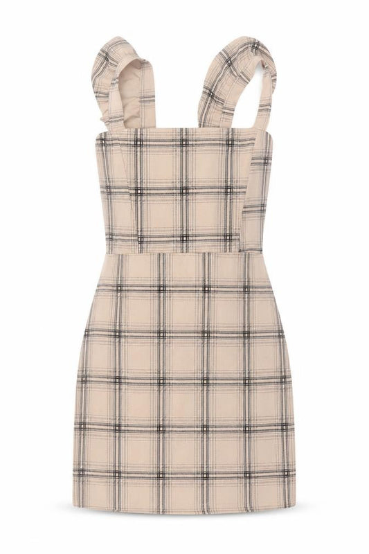 Front view of I Saw It First Women's Beige Check Pinafore Dress, size 10