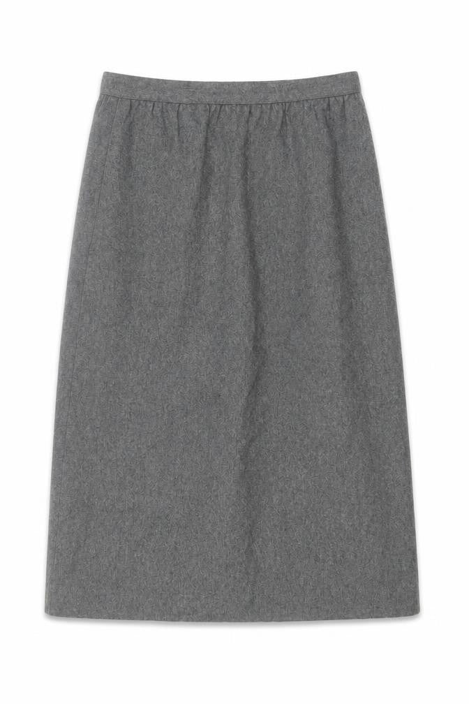 Front view of Vintage Sasson women’s grey wool blend midi pencil skirt, size UK 10