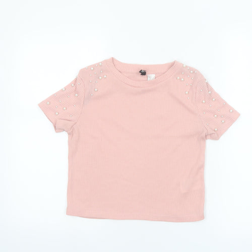 H&M Divided Women Pink Pearl Beaded Short Sleeve Knit T-Shirt XS
