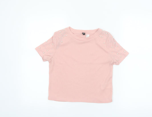H&M Divided Women Pink Pearl Beaded Short Sleeve Knit T-Shirt XS