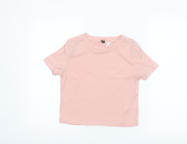 H&M Divided Women Pink Pearl Beaded Short Sleeve Knit T-Shirt XS
