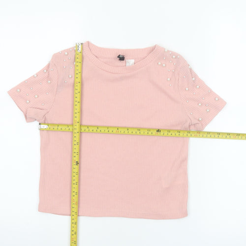H&M Divided Women Pink Pearl Beaded Short Sleeve Knit T-Shirt XS
