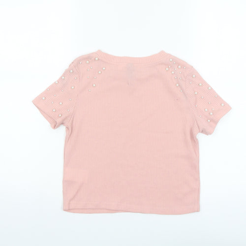 H&M Divided Women Pink Pearl Beaded Short Sleeve Knit T-Shirt XS
