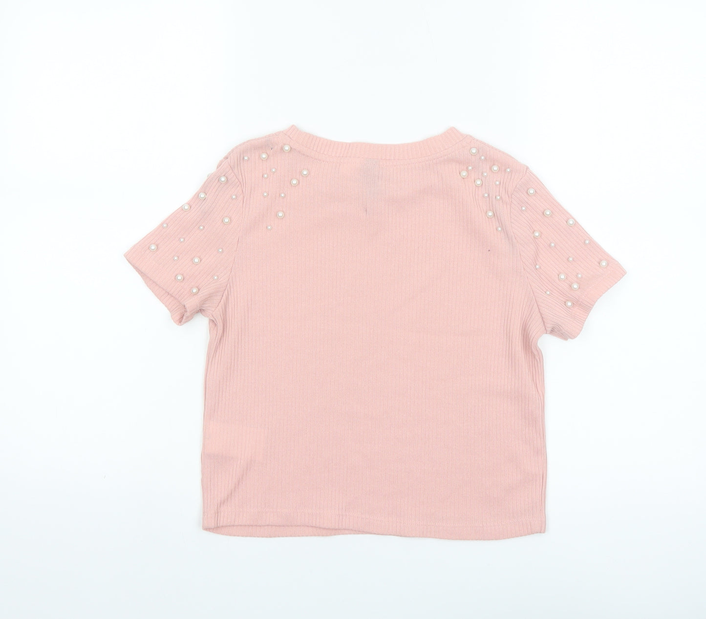 H&M Divided Women Pink Pearl Beaded Short Sleeve Knit T-Shirt XS