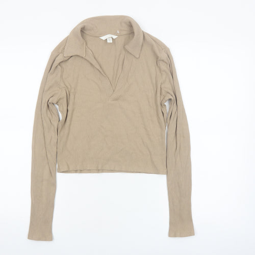 H&M Women Beige Collared Ribbed Cropped Long Sleeve Top Size 12