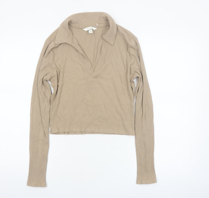 H&M Women Beige Collared Ribbed Cropped Long Sleeve Top Size 12