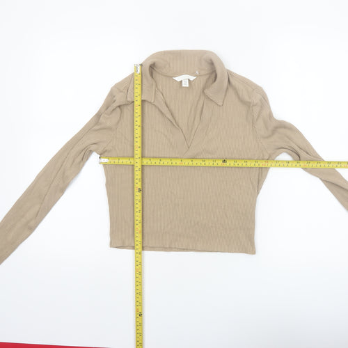 H&M Women Beige Collared Ribbed Cropped Long Sleeve Top Size 12