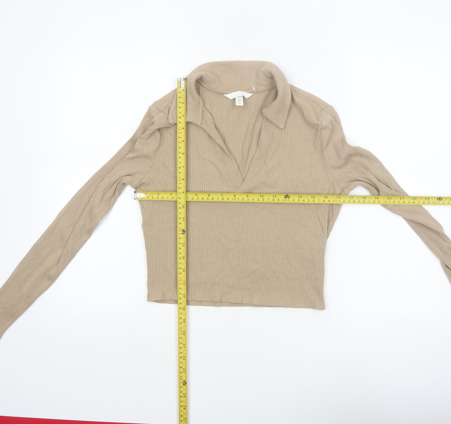 H&M Women Beige Collared Ribbed Cropped Long Sleeve Top Size 12