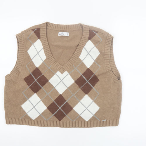 Hollister Womens Beige Argyle V-Neck Knit Sleeveless Vest L