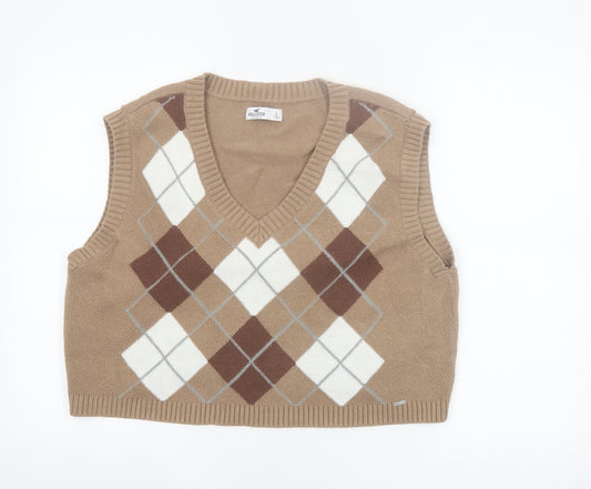 Hollister Womens Beige Argyle V-Neck Knit Sleeveless Vest L