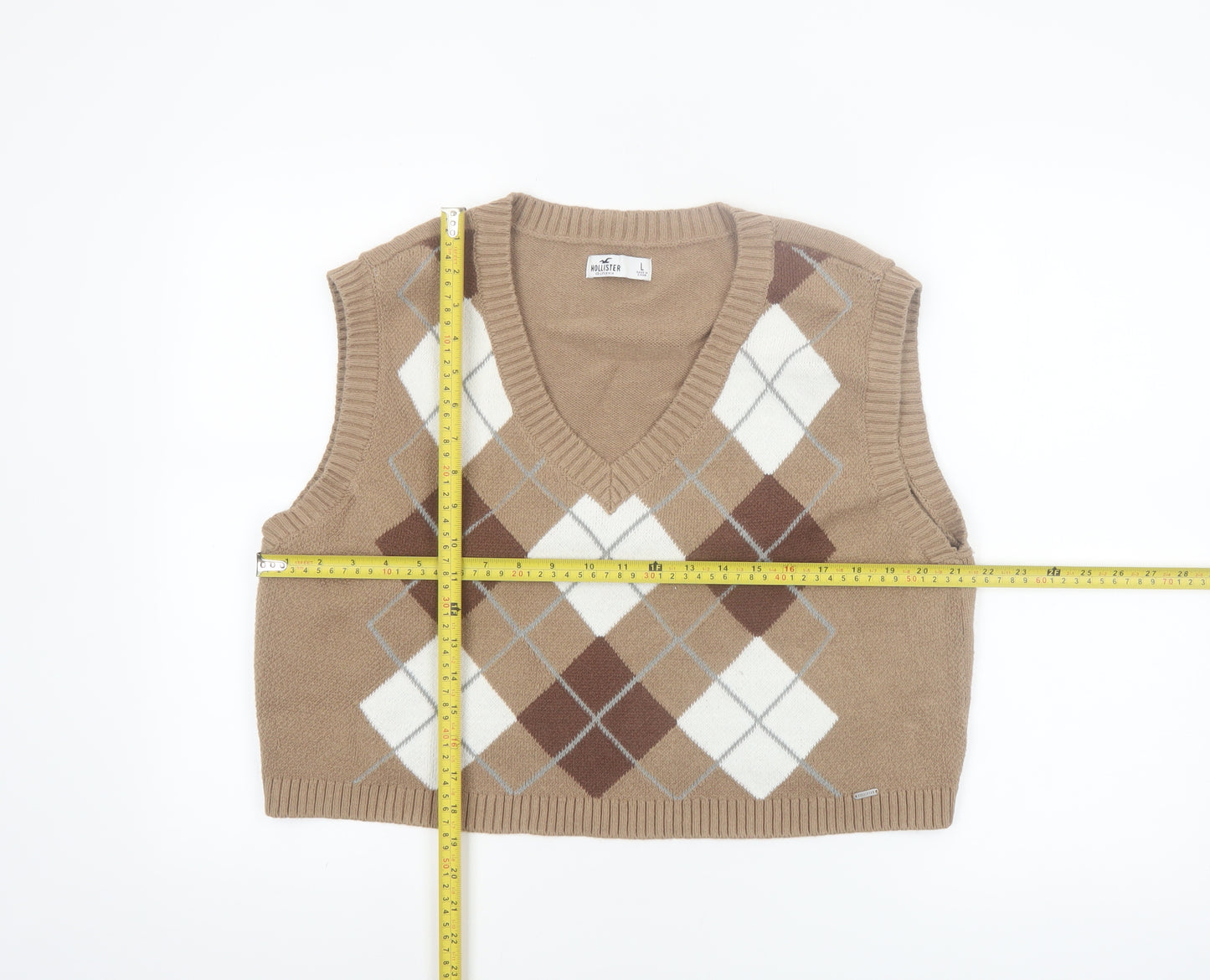 Hollister Womens Beige Argyle V-Neck Knit Sleeveless Vest L