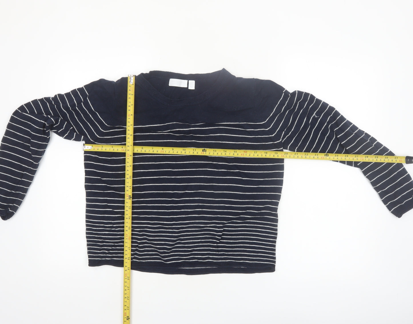 The White Company Women's Blue Striped Crew Neck Jumper Size 16