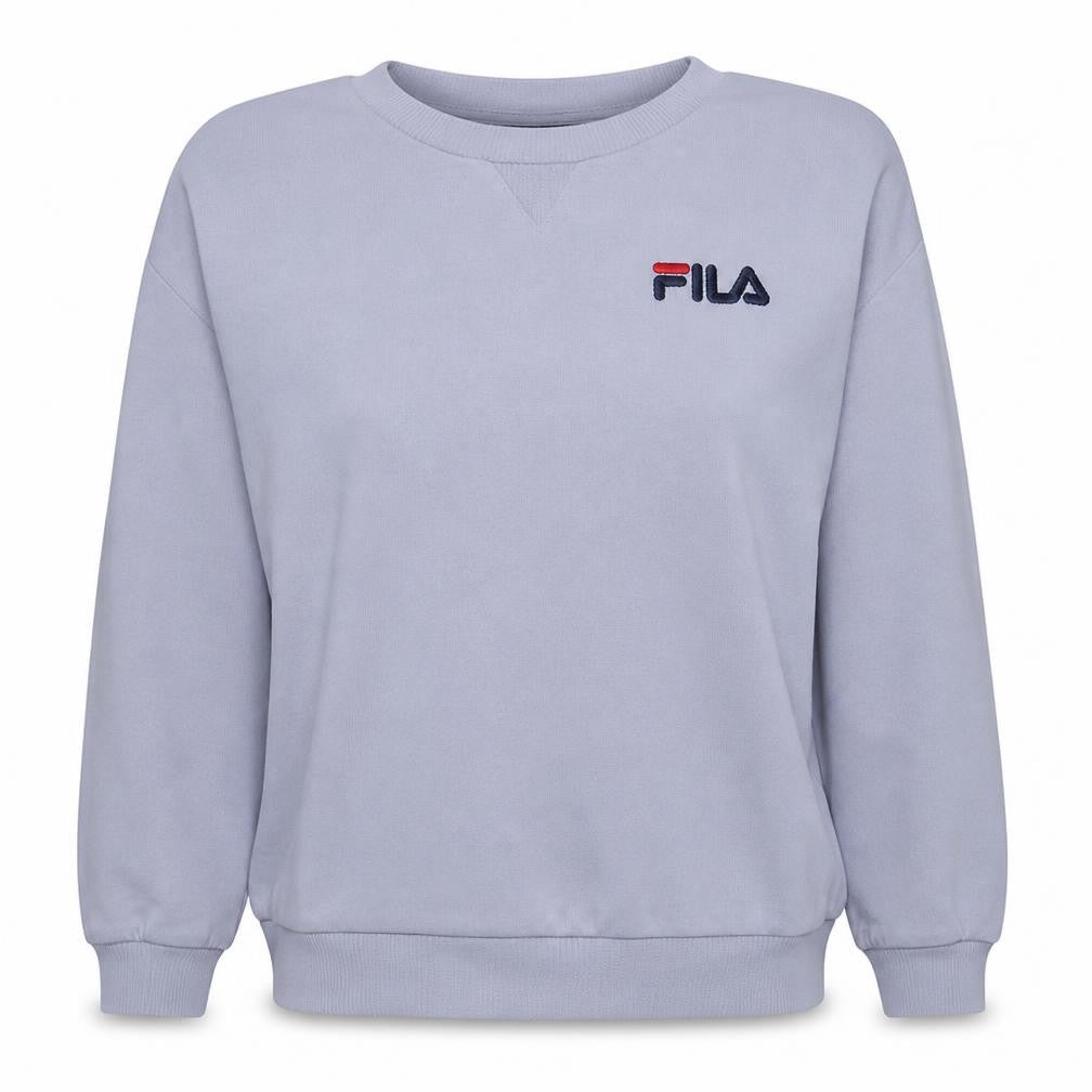Front view of Fila women’s white crew neck pullover sweatshirt, size L