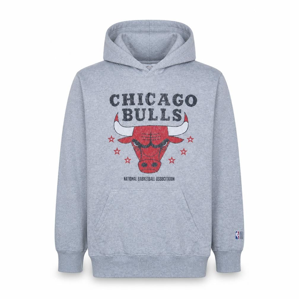 Front view of NBA Men’s Grey Chicago Bulls Pullover Hoodie, size S, Graphic Cotton