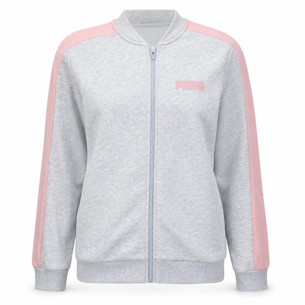 Front view of Puma women’s grey pink xl track jacket lightweight full zip