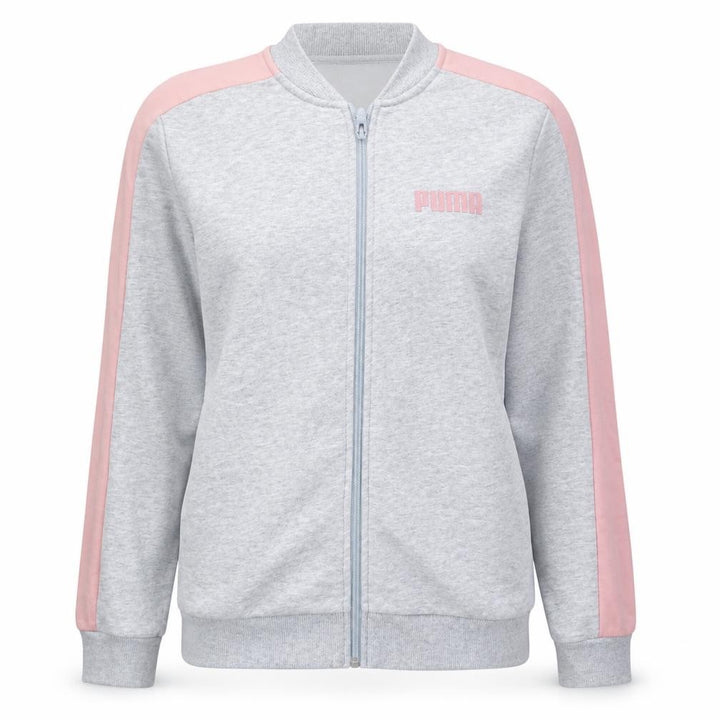 Front view of Puma women’s grey pink xl track jacket lightweight full zip