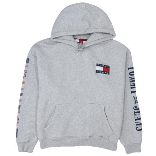 Tommy Jeans Women Grey Hooded Pullover Sweatshirt Size L Casual Logo Print