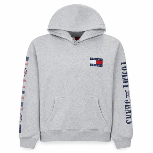 Tommy Jeans Women Grey Hooded Pullover Sweatshirt Size L Casual Logo Print