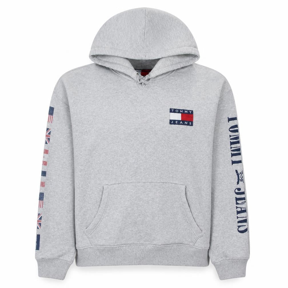 Tommy Jeans Women Grey Hooded Pullover Sweatshirt Size L Casual Logo Print