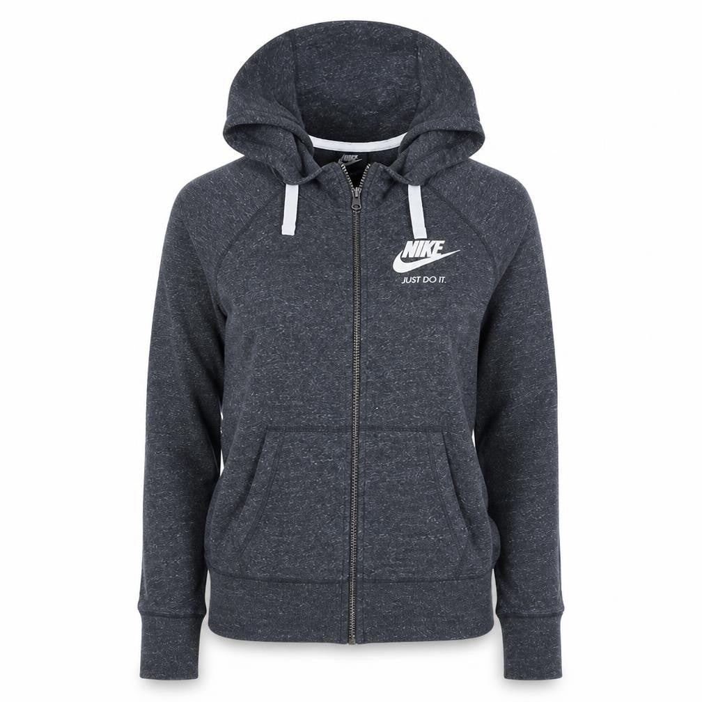 Front view of Nike Women's Dark Grey Full Zip Hoodie Medium Just Do It Logo