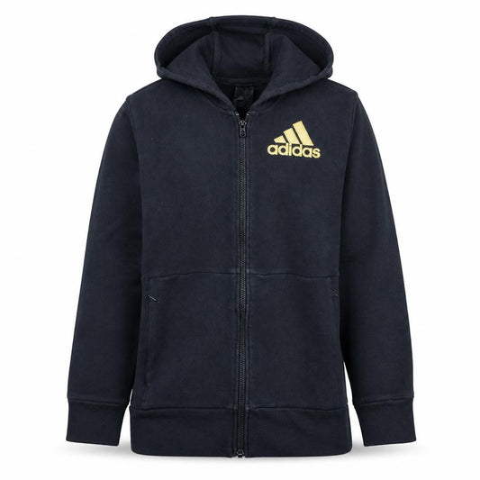 Front view of Adidas Women's Black Full Zip Hoodie Medium Gold Logo Cotton Blend