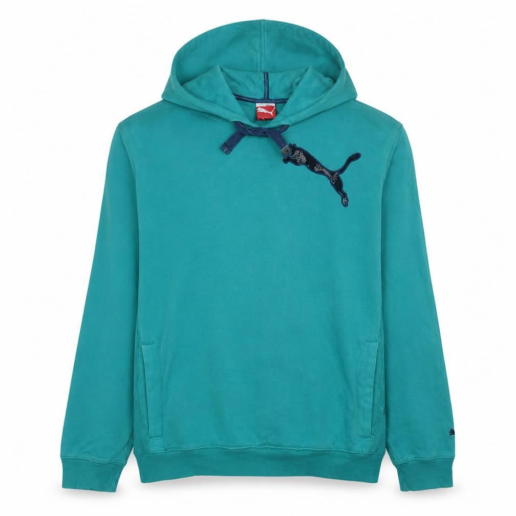 Front view of Puma Men's Green Pullover Hoodie XL Logo Cotton Blend Sweatshirt