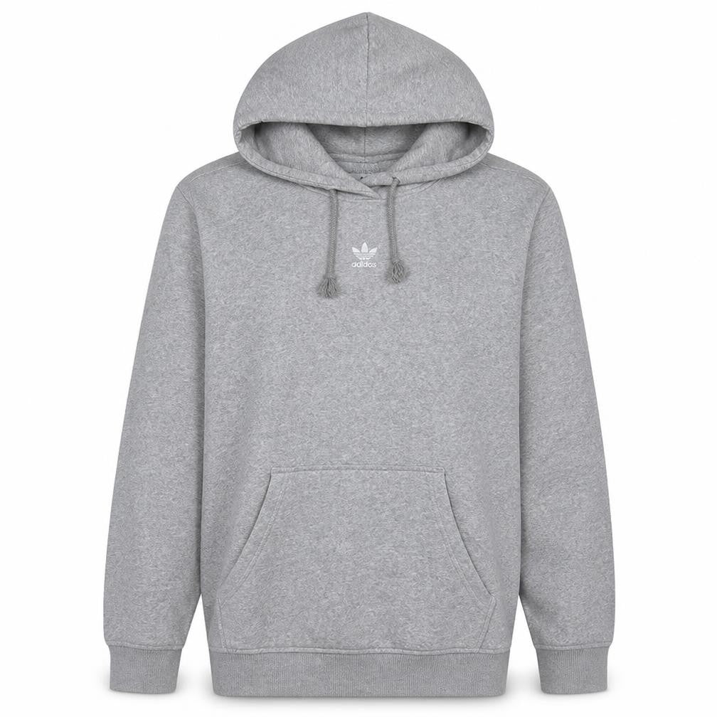 Front view of Adidas women’s grey pullover hoodie, size S, 8-10 hooded sweatshirt