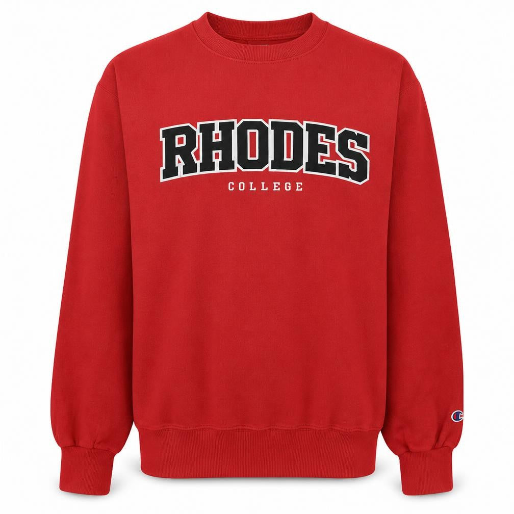 Front view of Champion Men's Red Rhodes College Fleece Sweatshirt M Pullover