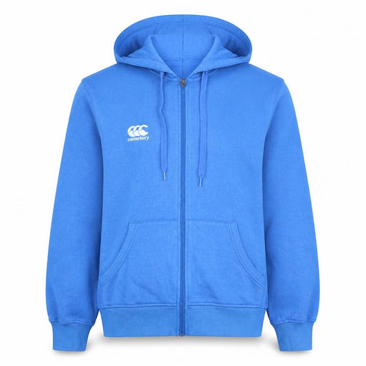 Front view of Canterbury Men's Blue Full Zip Hoodie, size M, Fleece Rugby Style